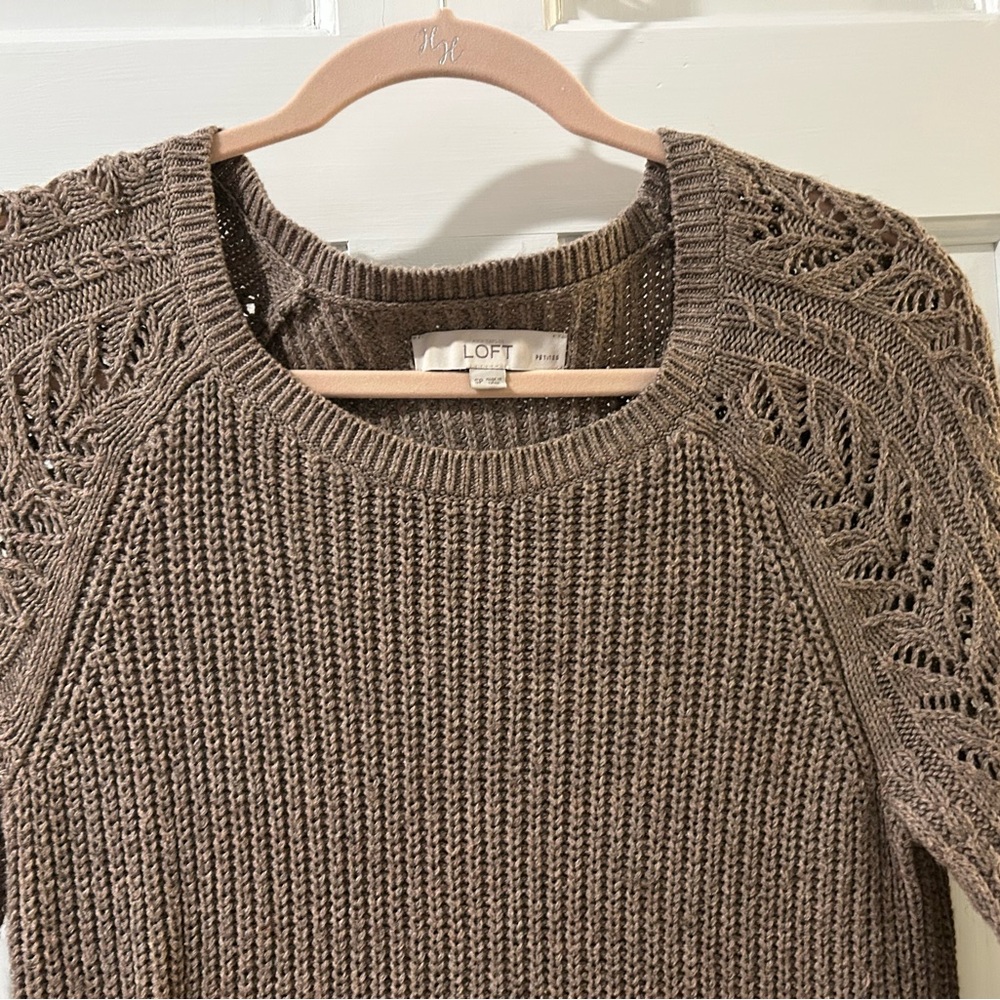 LOFT Taupe Knit Sweater with Lace Sleeves - Picture 3 of 4
